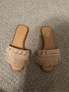 VIDA Braided Fringe Slide Sandals in Tan Beige